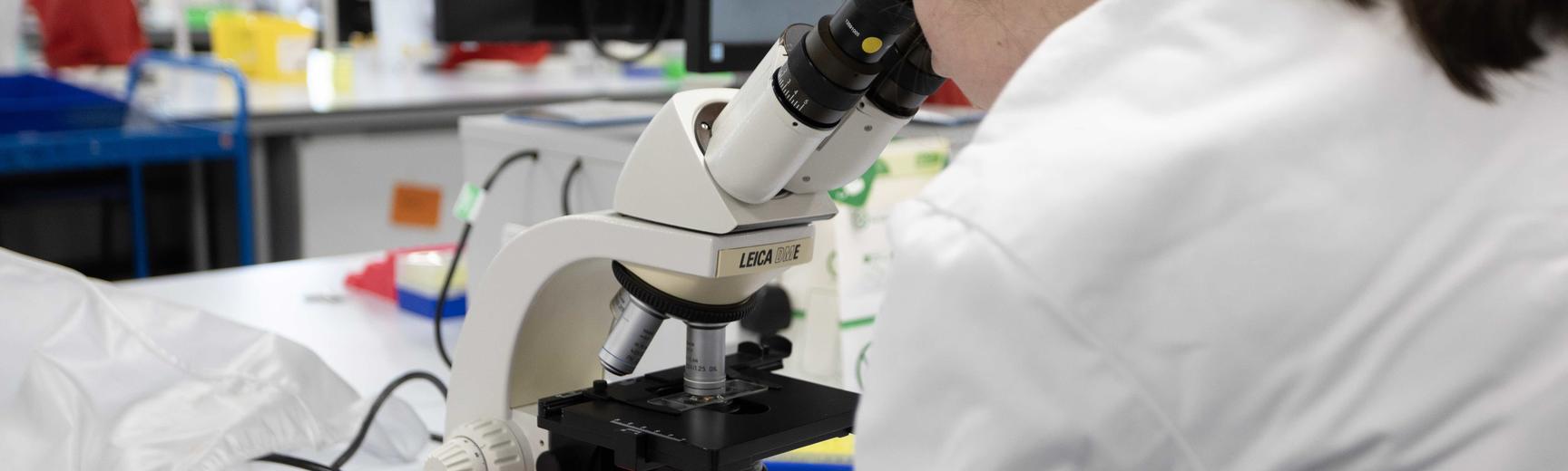 a student in a lab coat looks down a microscope
