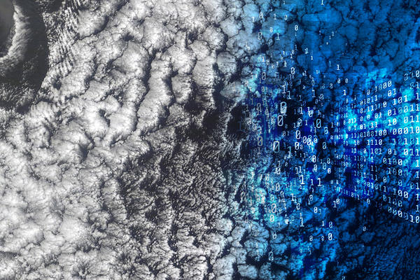 Satellite image of clouds merging into representation of AI with binary code