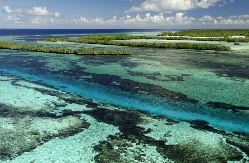 An aerial view of a shallow sea in the Maldives