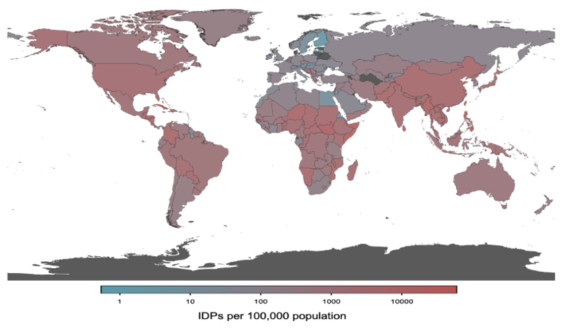 Map of the world showing geographical distribution of internally displaced persons per 100,000 population, caused by all weather-related hazard types in 2008–2021