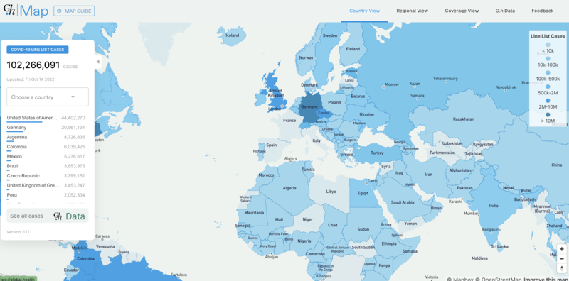 An example of the geospatial data visualisation that allows users to explore Global.health’s COVID-19 line-list dataset through a few different views. Credit: Global.health