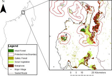 Map showing Madagascar and Sahamalaza-Iles Radama National Park within it, including forests and edge areas