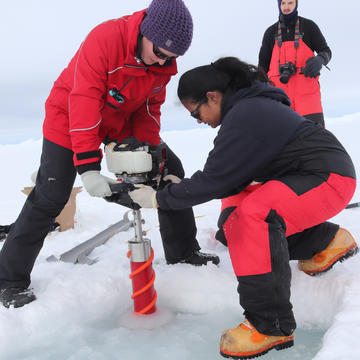 Scientists on the Weddell sea expedition taking ice core samples