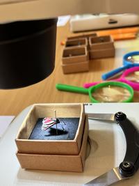 Microscope with a moth underneath and hand lenses in the background